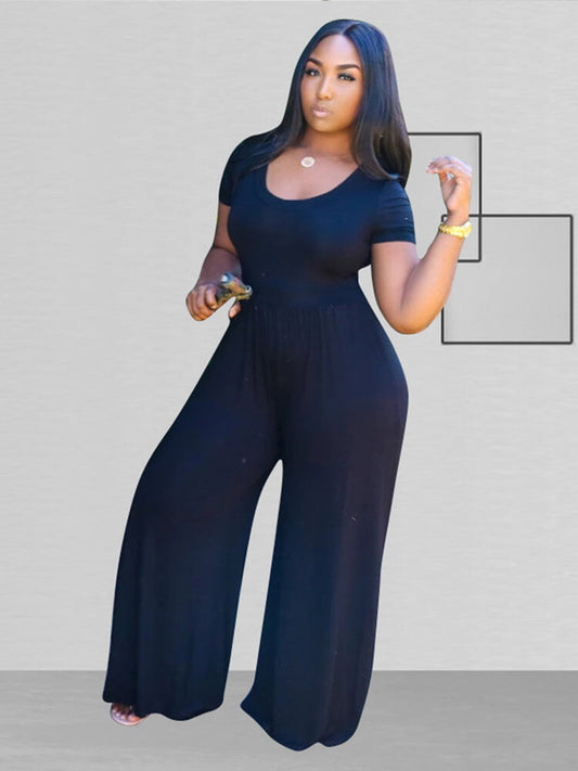 flowersverse Plus Size Short Sleeve Wide Leg Pant Jumpsuit
