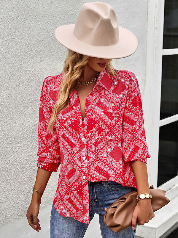 flowersverse Casual Loose Printed Lapel Collar Shirt Top
