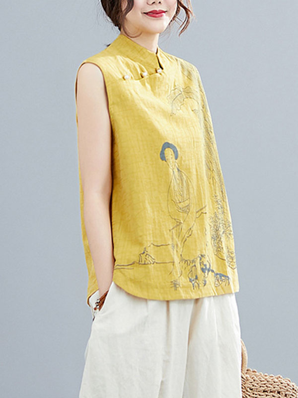 flowersverse Artistic Retro Chinese-Style Printed Buttoned Stand Collar Sleeveless Vest