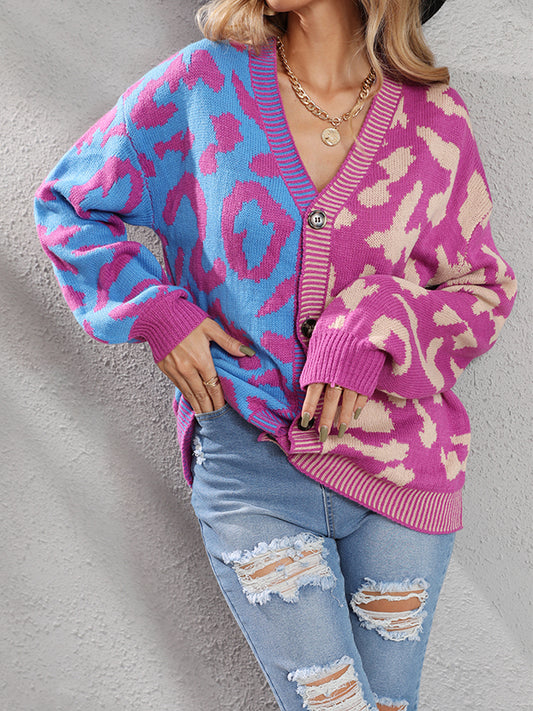 flowersverse Buttoned Leopard Split-Joint Long Sleeves Loose V-Neck Cardigan Tops