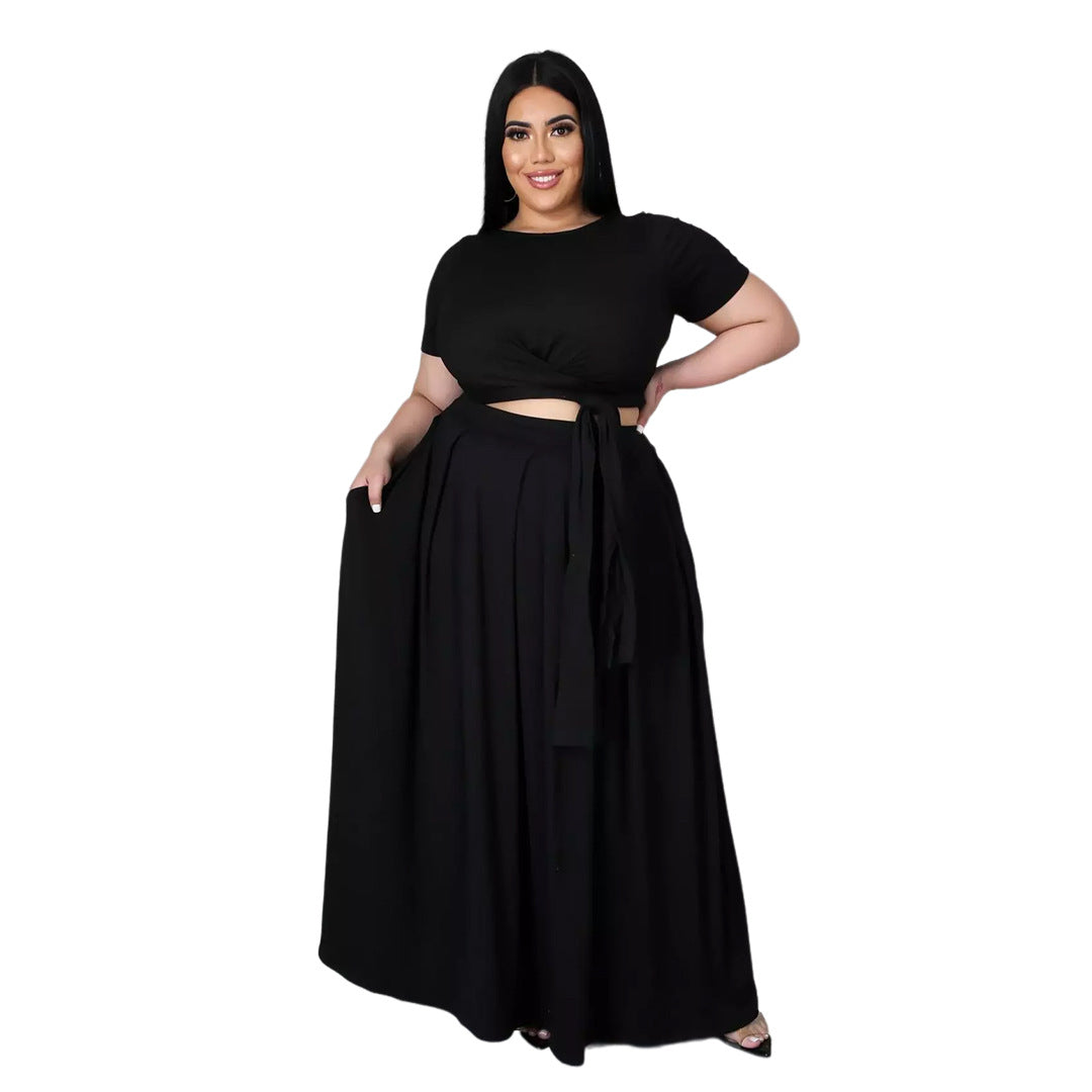 flowersverse Lady Fashion Plus Size Women Solid Color Cross Lace-up Large Swing Two-piece Skirt