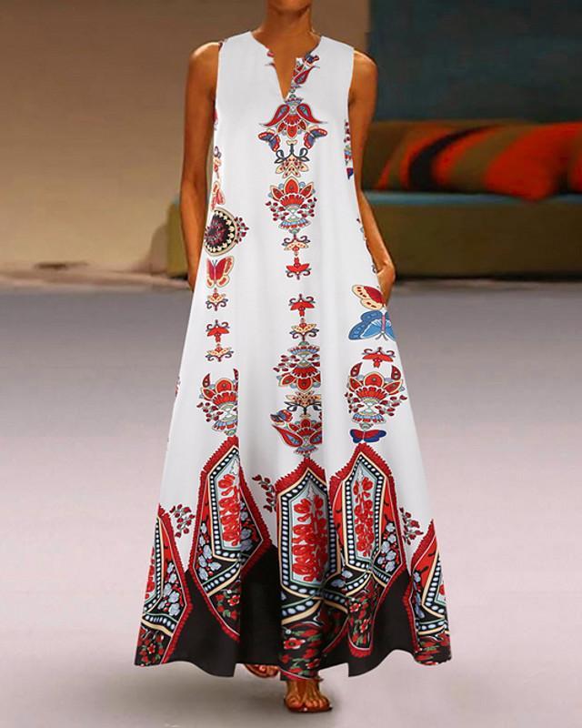 flowersverse Women's A-Line Dress Maxi Long Dress - Sleeveless Pocket Print Spring & Summer V Neck Hot Casual Boho Holiday White Black Blue Yellow Light Blue White Dresses
