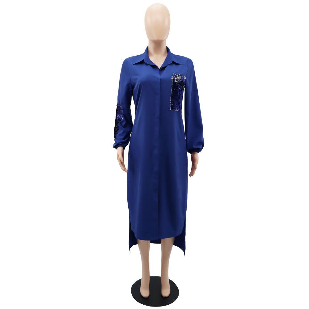 flowersverse Women's Long Sleeve Irregular Sequined Maxi Polo Shirt Dress