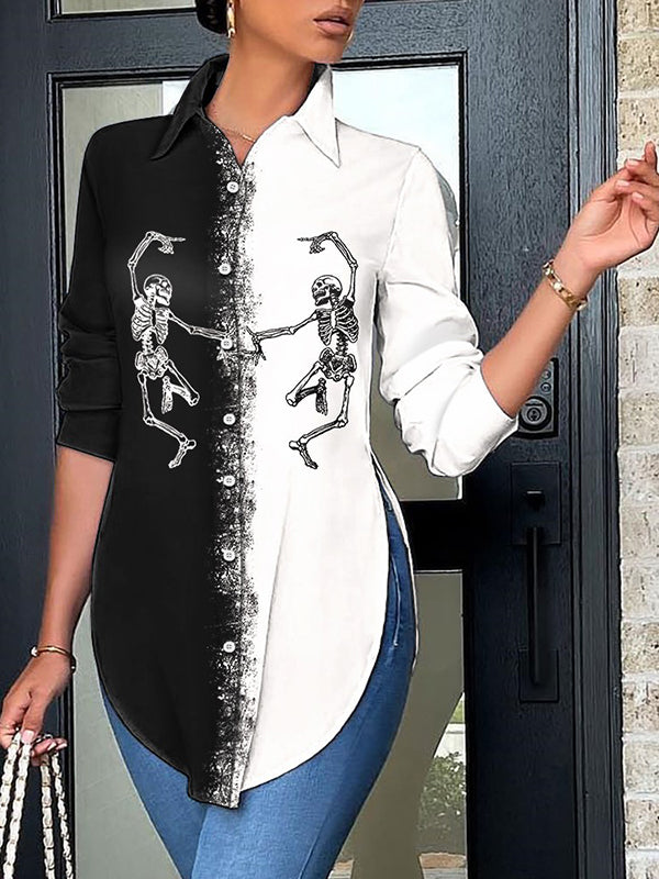 flowersverse Casual Loose Contrast Color Printed Split-Side Polo Blouses&Shirts Tops