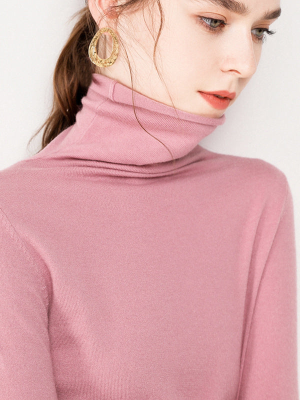 flowersverse Casual Skinny Long Sleeves Solid Color Heaps Collar Sweater Tops Pullovers