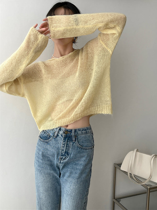 flowersverse Gentle Mohair Knitted Loose Long Sleeves Solid Color Thin Sweater Tops