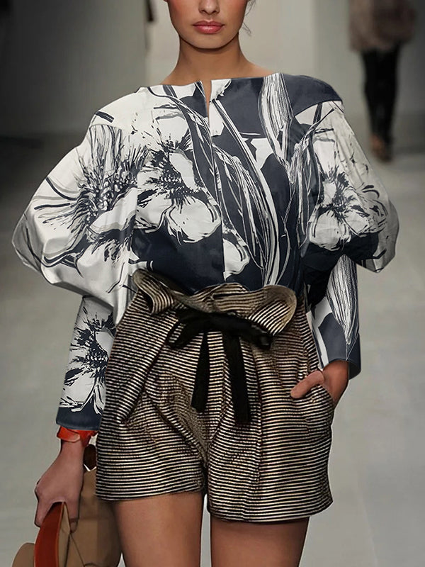 flowersverse Flower Print Long Sleeves Loose Boat Neck Blouses&Shirts Tops