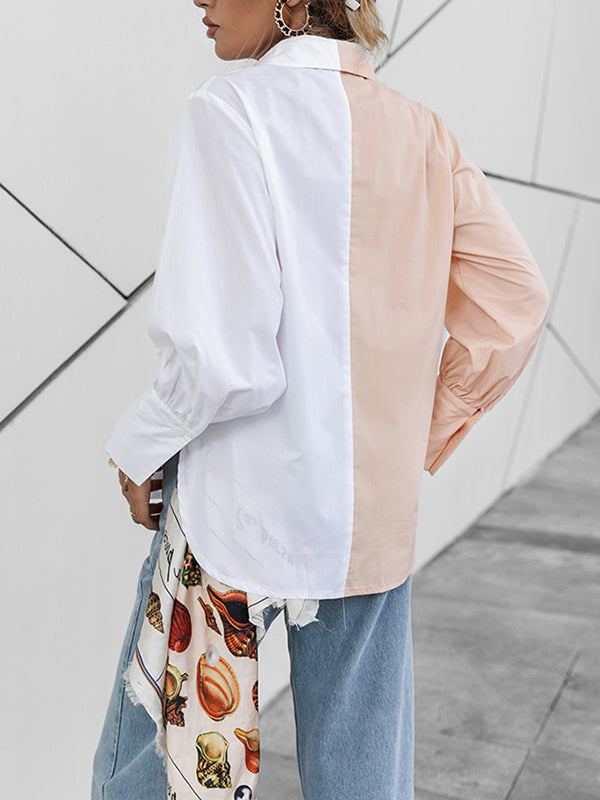 flowersverse Buttoned Contrast Color Long Sleeves Loose Lapel Blouses&Shirts Tops