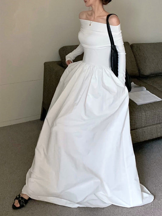 flowersverse Long Sleeves Pleated Solid Color Split-Joint Off-The-Shoulder Maxi Dresses