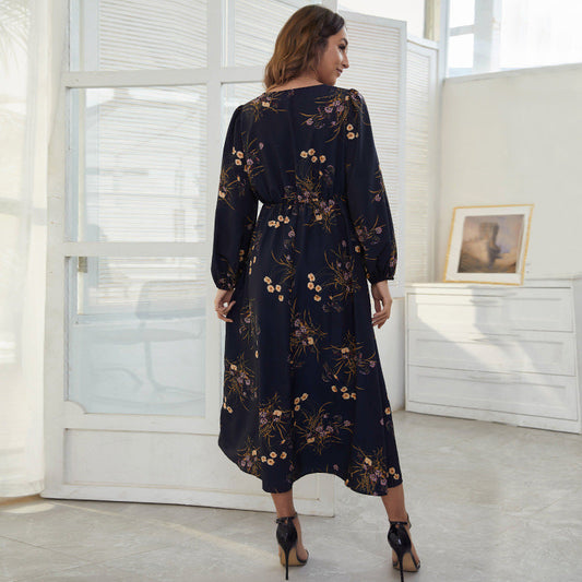 flowersverse Elegant Fuli Wrinkle V-neck Printed Casual Holiday Dress