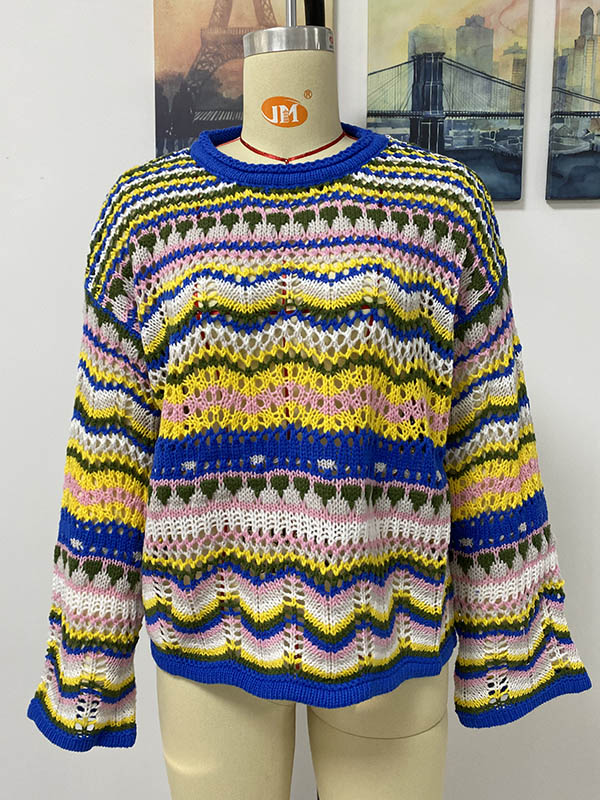 flowersverse 4 Colors Loose Contrast Color Round-Neck Sweater Top