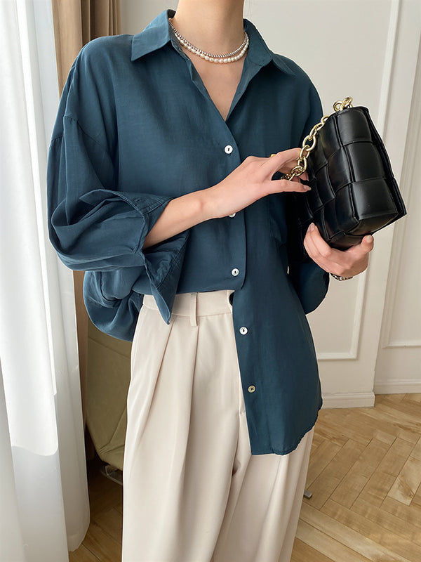 flowersverse Solid Color Lapel Blouses&Shirts Tops