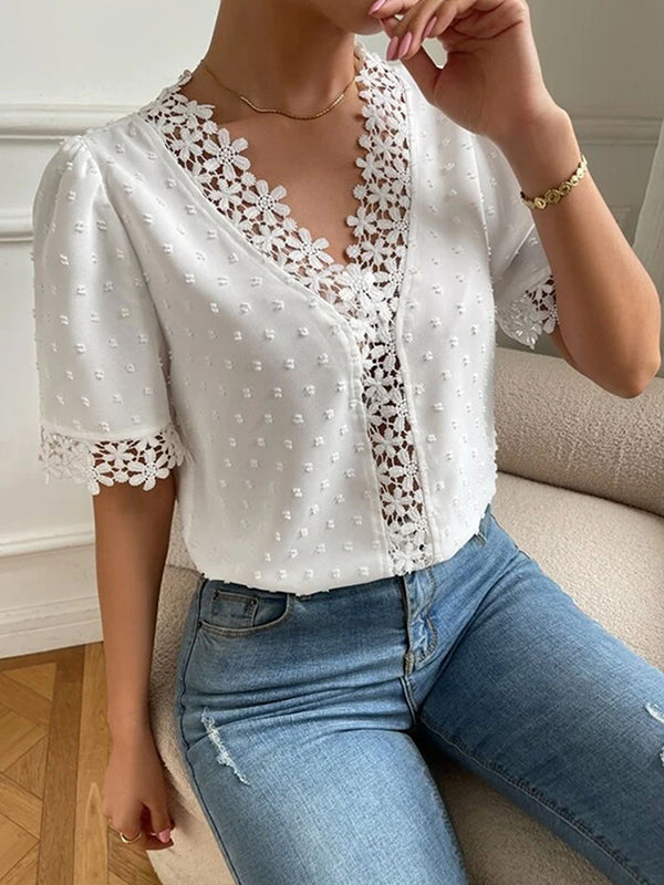 flowersverse Applique Solid Color Loose Short Sleeves V-neck Blouses&shirts Tops