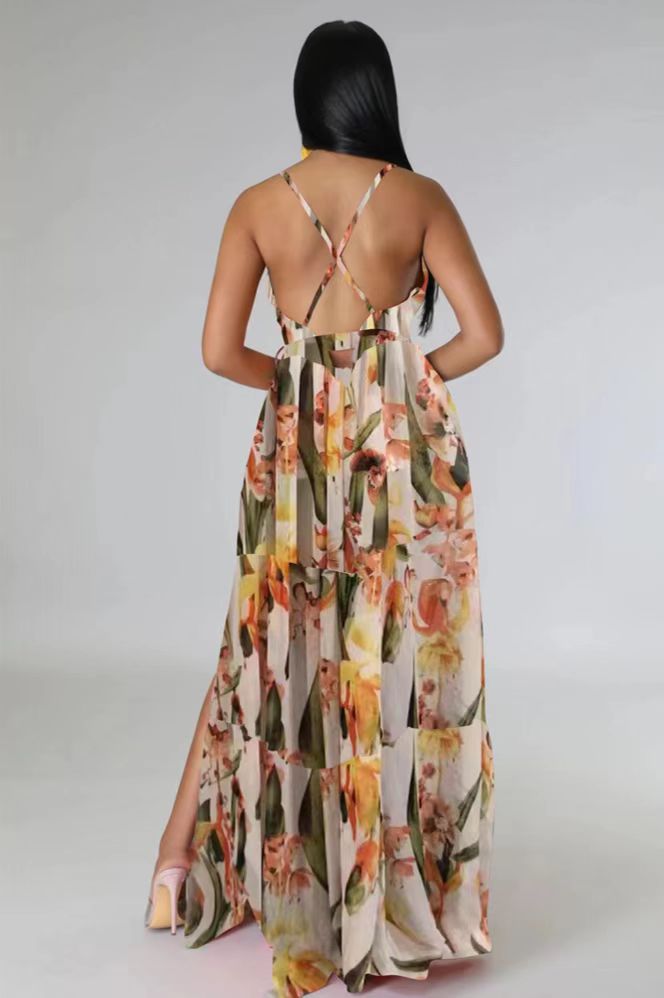 flowersverse Floral V Neck Flowy Split Maxi Dress