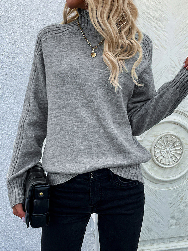 flowersverse Stylish Long Sleeves Loose Solid Color High-Neck Sweater Tops