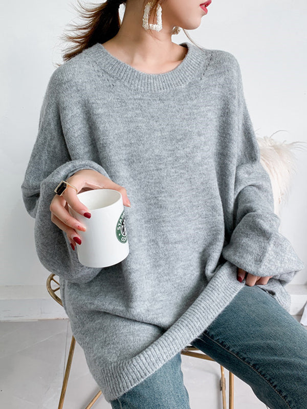 flowersverse Stretch Mohair-Blend Balloon Sleeves Loose Solid Round-Neck Sweater Tops
