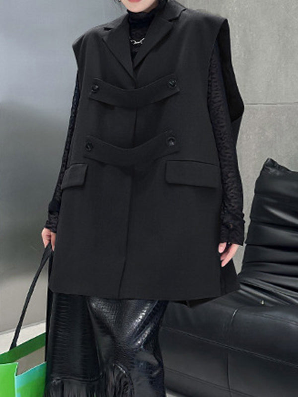 flowersverse Buttoned Pockets Split-Side Loose Sleeveless Notched Collar Vest Outerwear