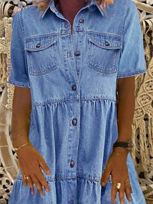 flowersverse Denim Daily Casual Shirt Collar Short Sleeve Buttoned Pockets A-line Weaving Dress