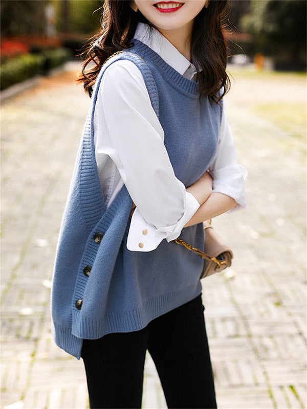 flowersverse Casual Sleeveless Loose Solid Color Round-Neck Knitting Vest Outerwear