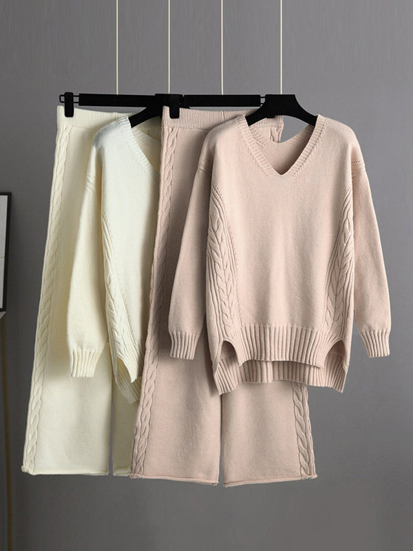 flowersverse Urban Loose Solid Color V-Neck Sweater Tops& Wide Leg Pants Suits