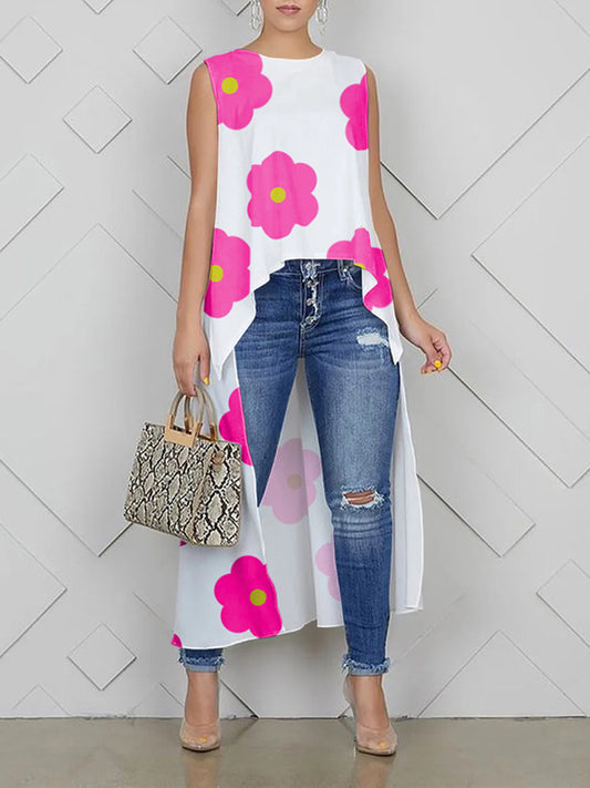 flowersverse High-Low Loose Contrast Color Floral Printed Round-Neck Vest Top