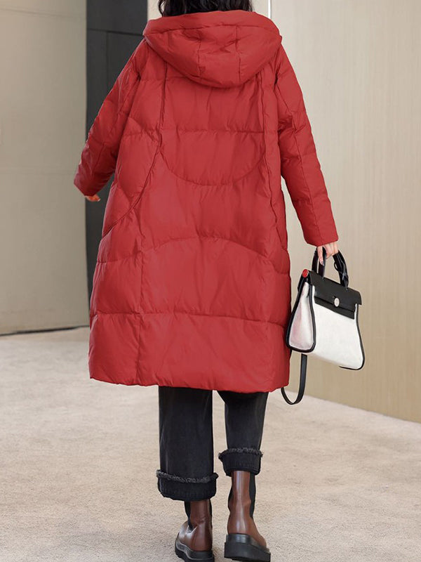 flowersverse Pockets Solid Color Split-Joint Long Sleeves Loose Hooded Down Coat