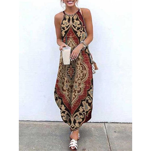 flowersverse Women's Casual Dress Shift Dress Slip Dress Long Dress Maxi Dress Wine Red Khaki Sleeveless Floral Print Winter Fall Spring Spaghetti Strap Fashion Daily S M L XL XXL 3XL