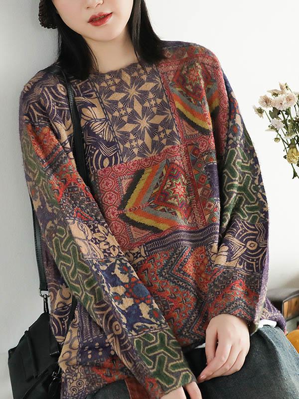 flowersverse Ethnic Style Round Neck Print Sweater