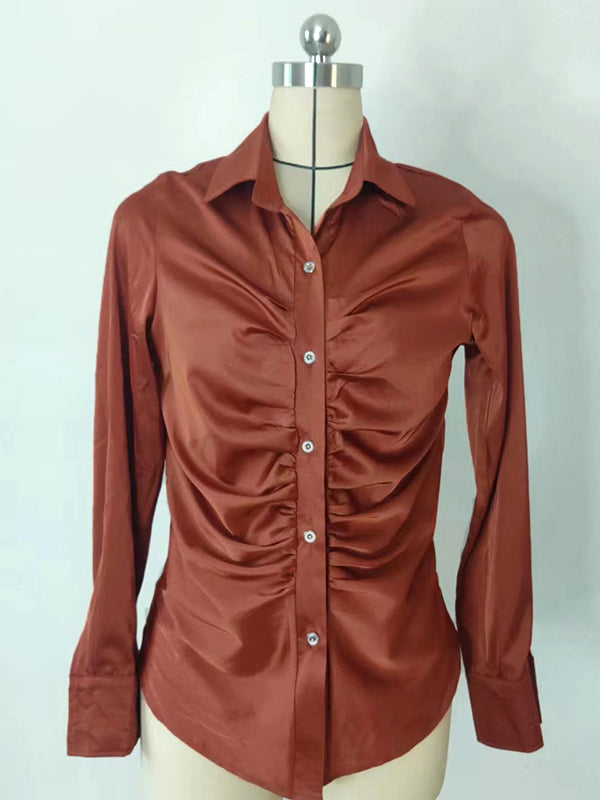 flowersverse Pleated Solid Color Long Sleeves Lapel Blouses&shirts Tops