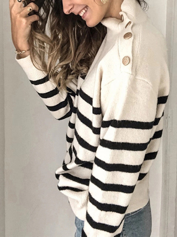 flowersverse Original Loose Striped Buttoned High-Neck Long Sleeves Sweater Top