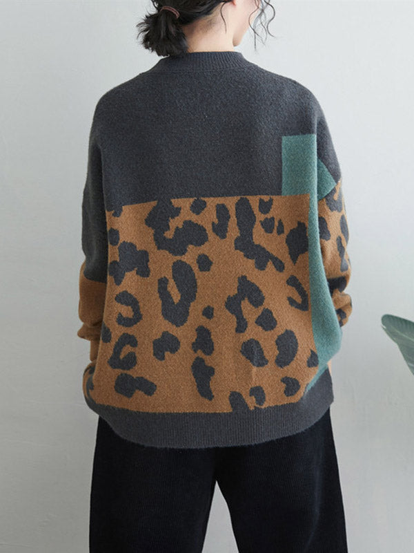 flowersverse Original Contrast Color Leopard Round-Neck Long Sleeves Sweater Top