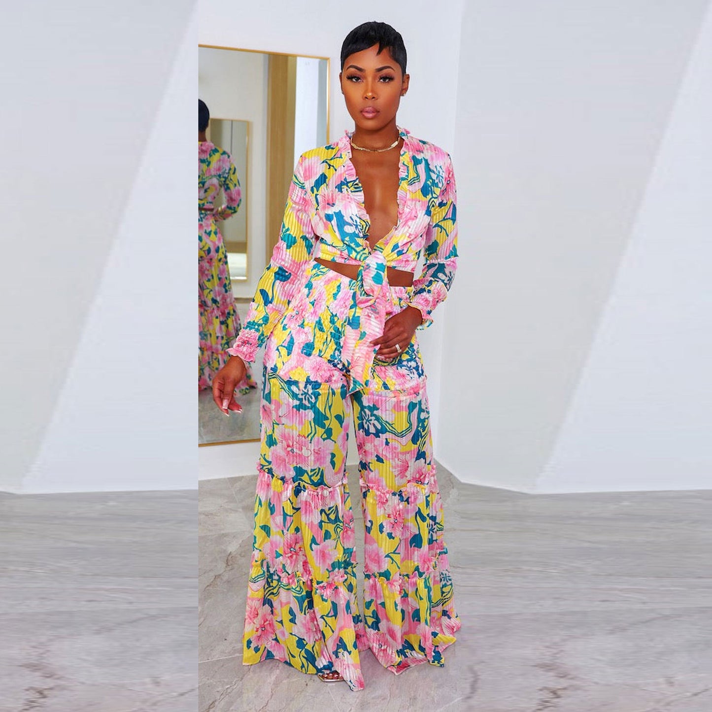 flowersverse Sexy Printed Pleated Long Sleeve Lace-Up Top Wide Leg Pants Plus Size Two-Piece Set