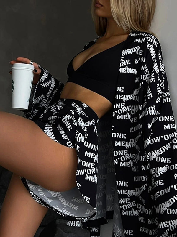 flowersverse Loose Printed Long Sleeves Tied Waist Robes + High-Waisted Short Bottom Robes Pajama Sets