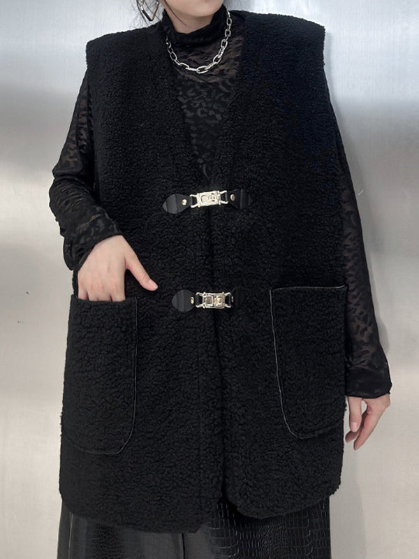 flowersverse Buckle Pockets Velvet Loose Sleeveless V-neck Vest Outerwear