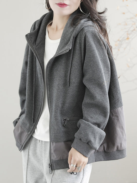 flowersverse Artistic Retro Loose Long Sleeves Solid Color Zipper Hooded Outerwear