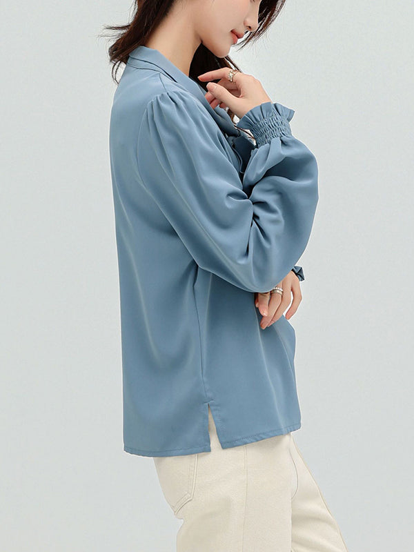 flowersverse Urban 4 Colors Split-Side Tied Puff Sleeves Blouse