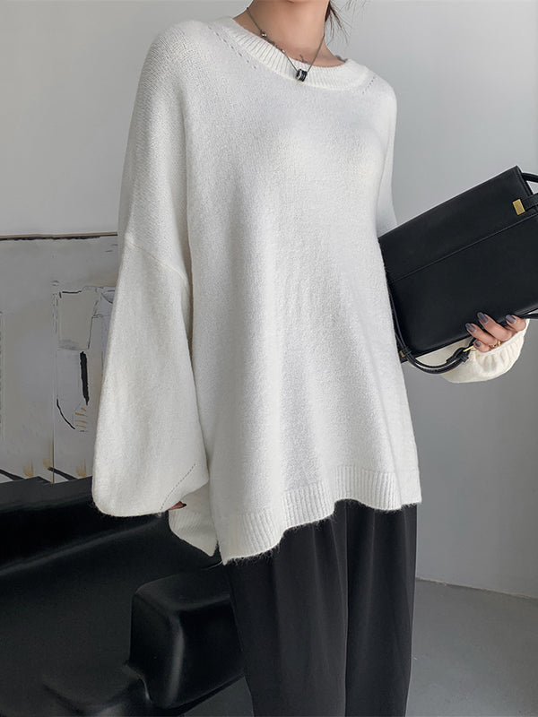 flowersverse Stretch Mohair-Blend Balloon Sleeves Loose Solid Round-Neck Sweater Tops