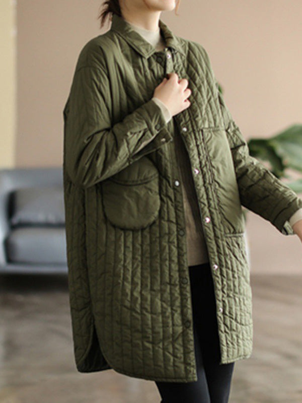 flowersverse Asymmetric Buttoned Pockets Quilted Solid Color Split-side Long Sleeves Loose Lapel Padded Coat