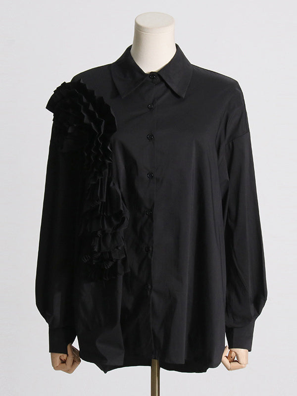 flowersverse Asymmetric Buttoned Pleated Solid Color Split-Joint Three-Dimensional Flower Long Sleeves Loose Lapel Blouses&Shirts Tops
