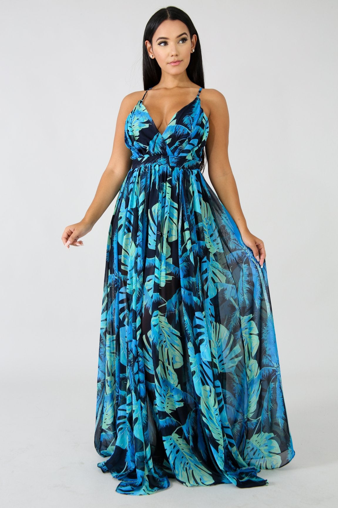 flowersverse Deep V-Neck Back Chiffon Dress