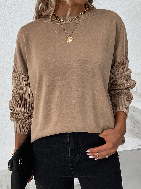 flowersverse Knitted Twist Long Sleeves Solid Color Round-Neck Sweater Tops