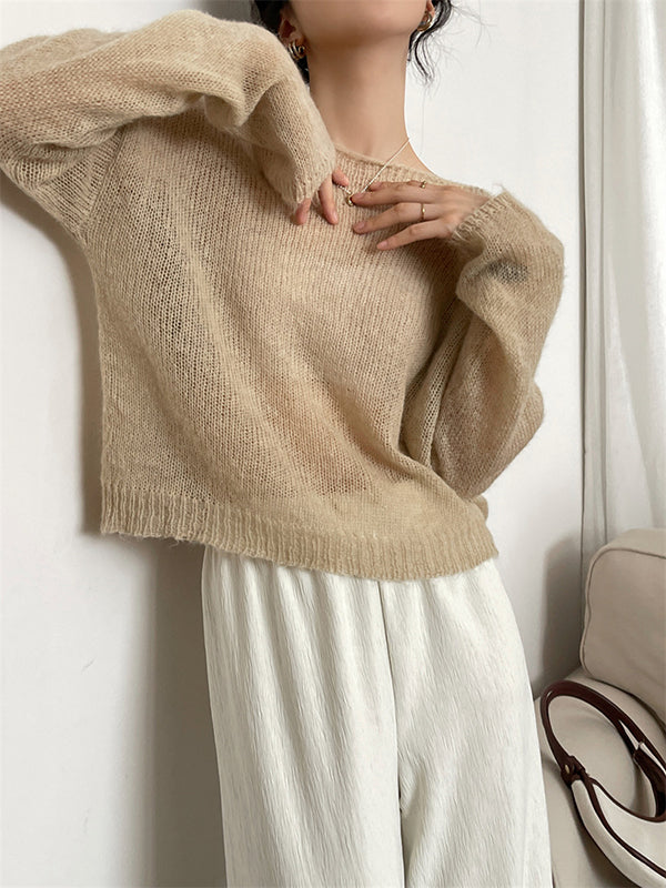 flowersverse Gentle Mohair Knitted Loose Long Sleeves Solid Color Thin Sweater Tops