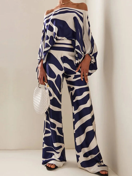 flowersverse Printed Off-The-Shoulder Top + Wide Leg Pants Two Pieces Set