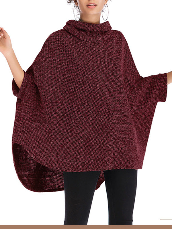 flowersverse Solid Color Batwing Sleeves High-Low High Neck Sweater Tops Pullovers Knitwear