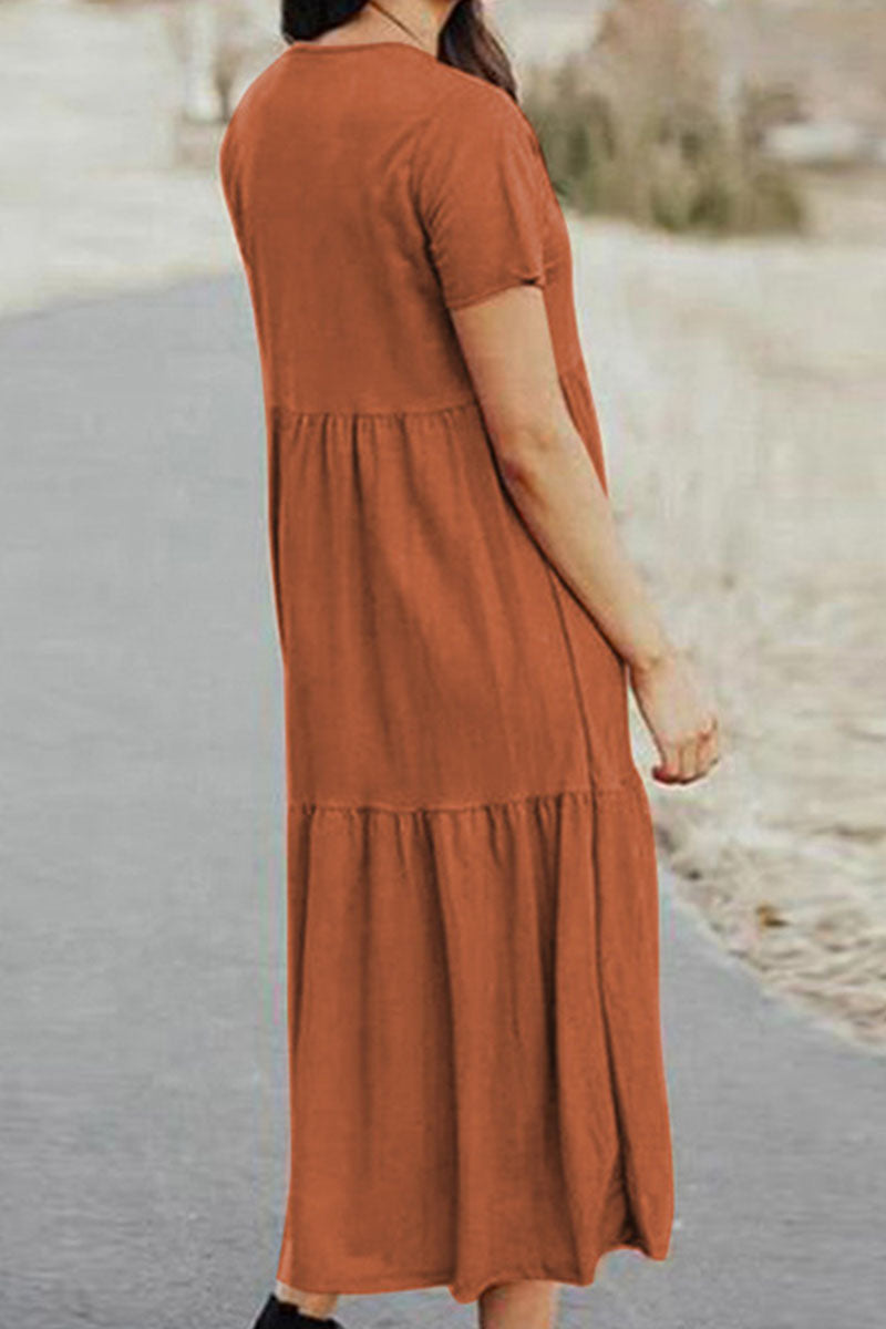 flowersverse Casual Solid Split Joint O Neck Princess Midi Dresses(3 Colors)