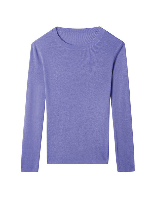 flowersverse Solid Color Long Sleeves Skinny Round-Neck Sweater Tops Pullovers Knitwear