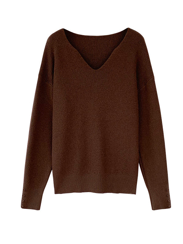 flowersverse Casual Loose Long Sleeves Solid Color V-Neck Sweater Tops