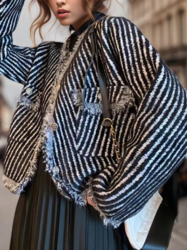 flowersverse Fringed Split-Joint Striped Long Sleeves Loose Outerwear Jackets