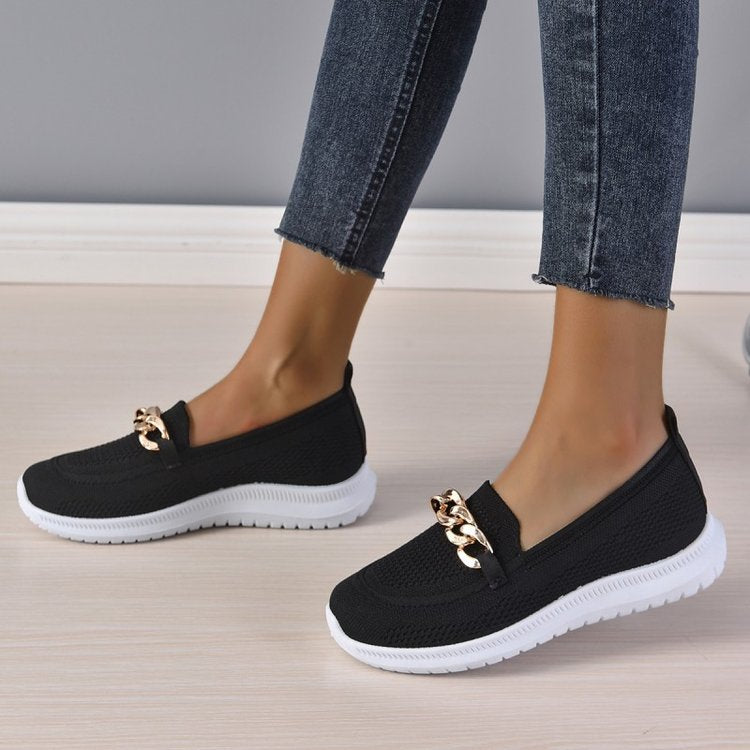 flowersverse Mesh Sports Walking Shoes for Women with Chain Accent Flats
