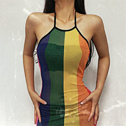flowersverse Women Sexy Dress Summer Perspective Bodycon Sleeveless Rainbow Mesh Beach Slim Fit Ladies Mini Sling Dress Sundress